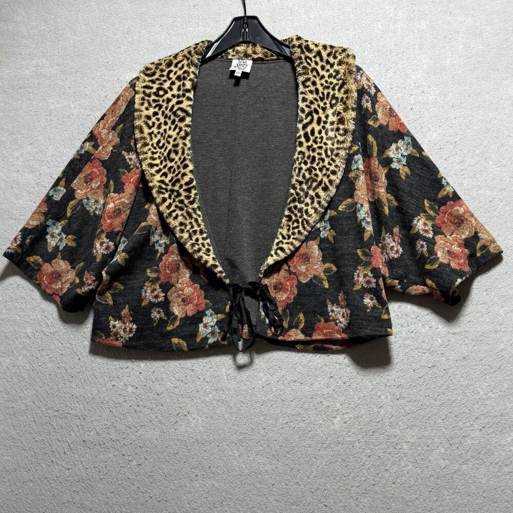 Ivy Jane Leopard Black Floral Print Boho Velvet Trim Balloon Sleeve Top XS